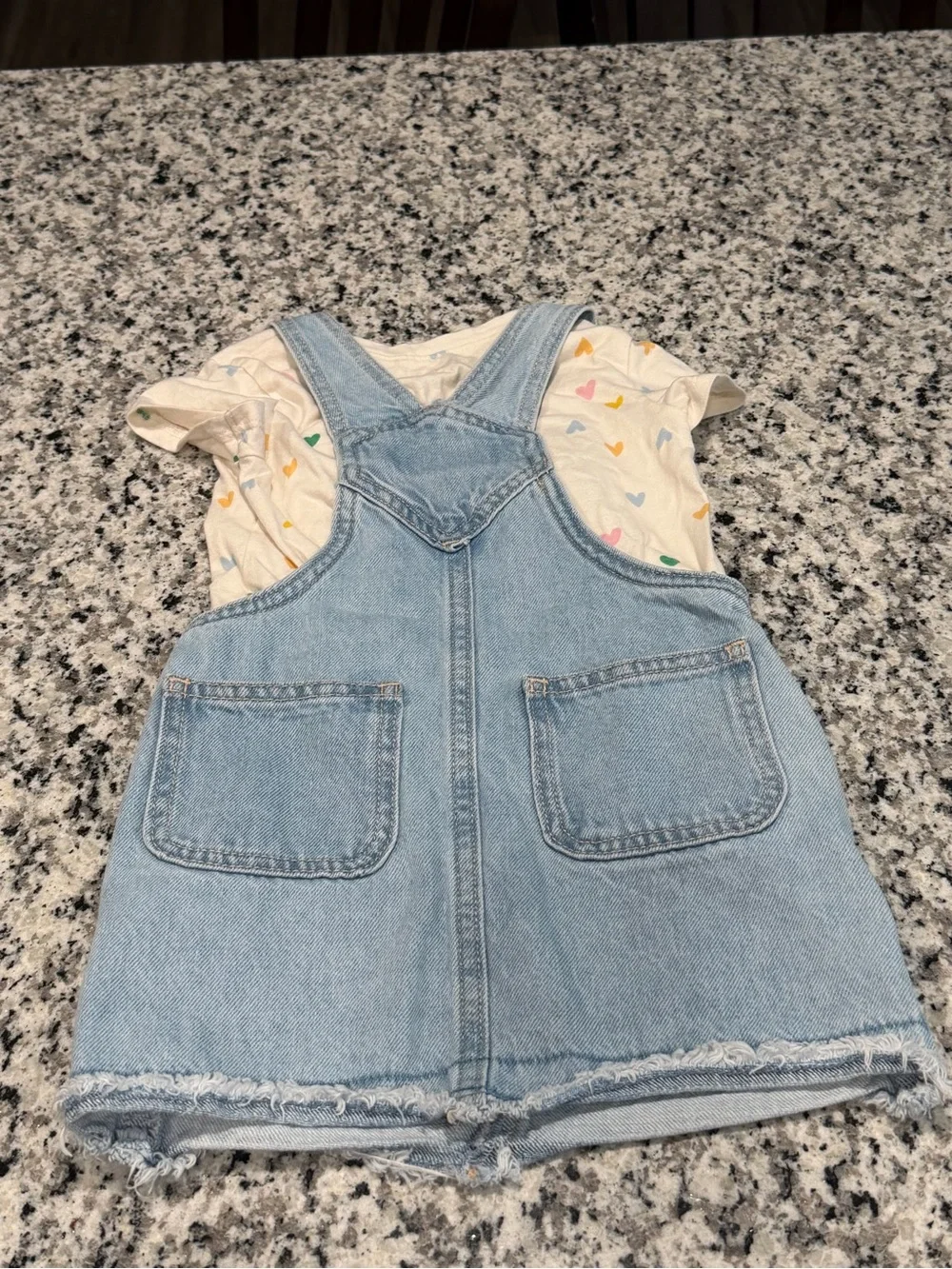 Old Navy Girl's Light Blue Denim Overall Skirt with Heart Print Tee Set, Size 2T
